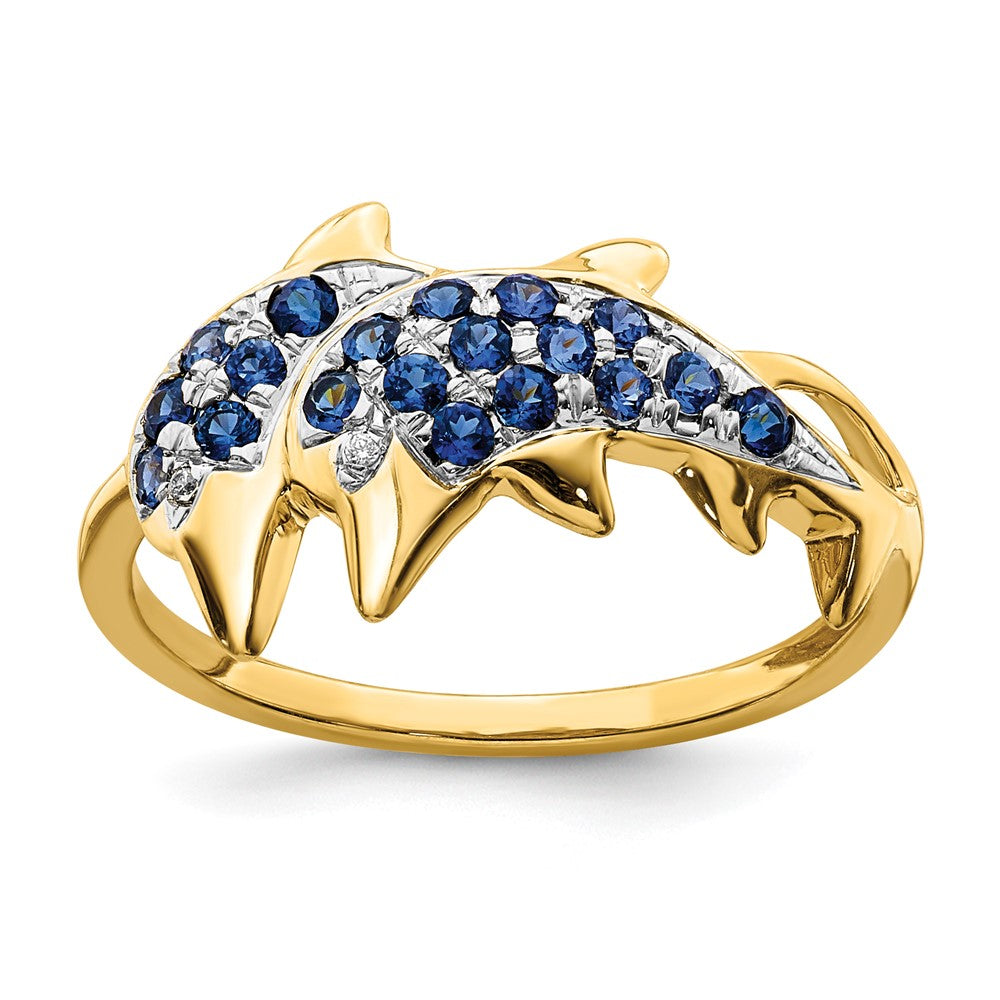 14K Yellow Gold w/ Rhodium Real Diamond and Sapphire Dolphins Ring