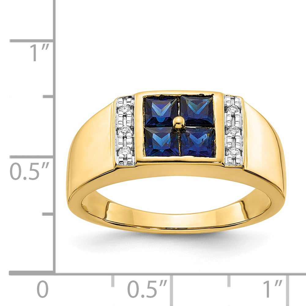 14K Yellow Gold Created Sapphire and Real Diamond Mens Ring