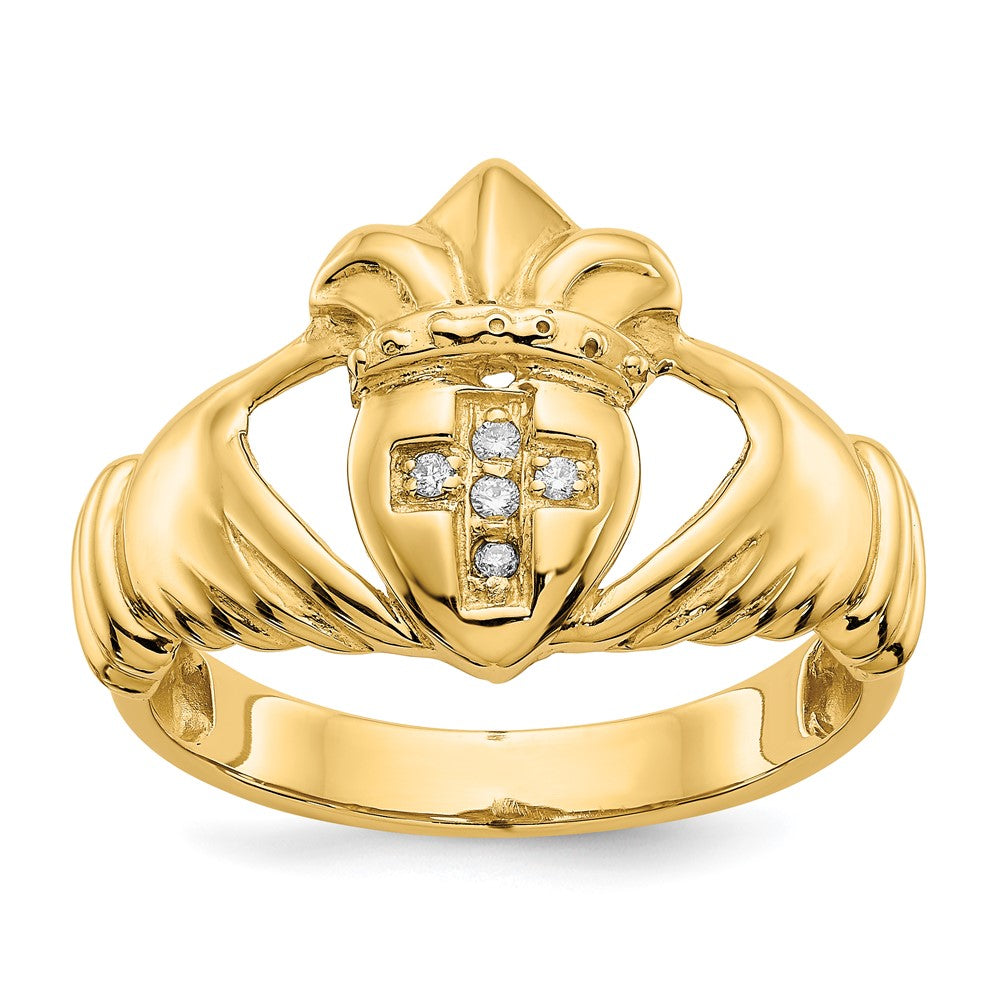 14K Yellow Gold AA Real Diamond Claddagh Ring