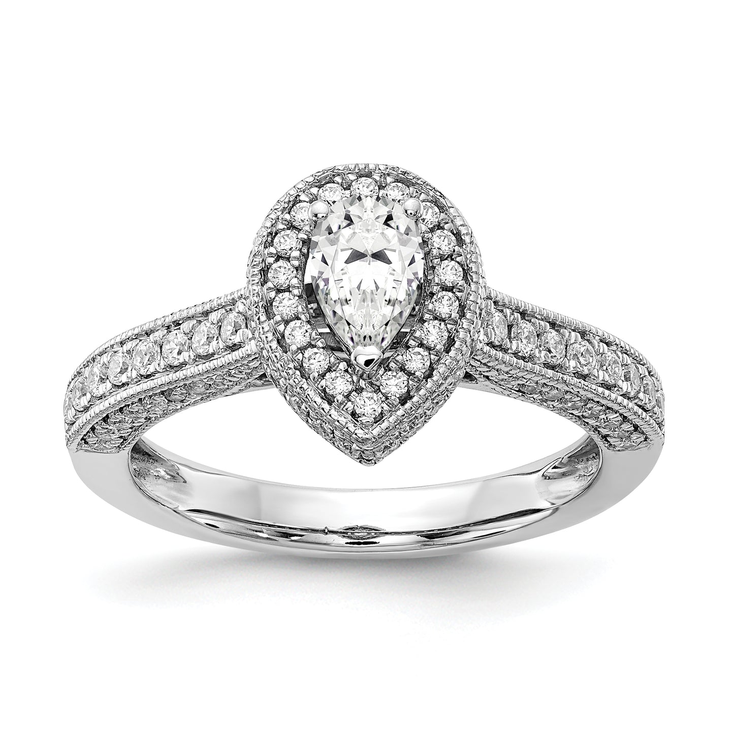 0.50ct. CZ Solid Real 14k White Gold Pear Halo Engagement Ring