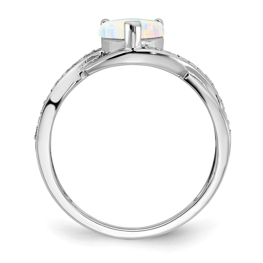 Solid 14k White Gold Created Simulated Opal and CZ Heart Ring