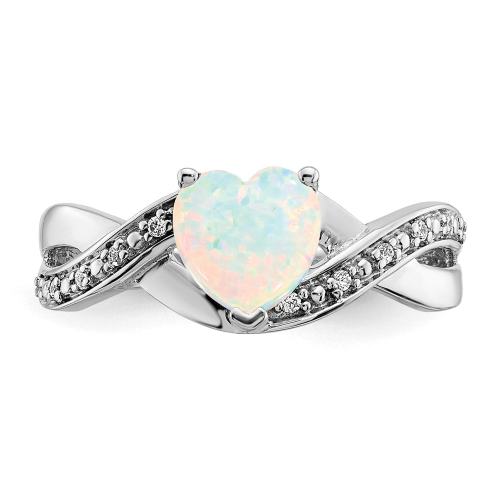 14k White Gold Created Opal and Real Diamond Heart Ring