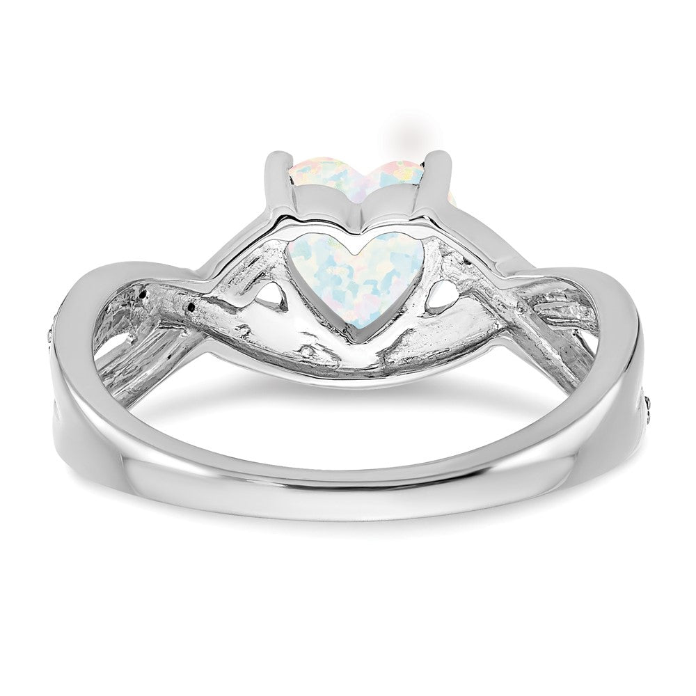 14k White Gold Created Opal and Real Diamond Heart Ring