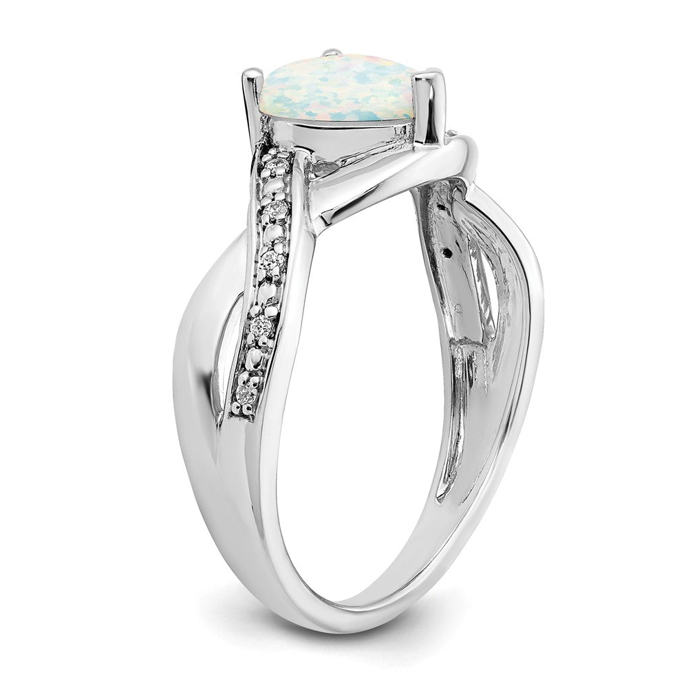 14k White Gold Created Opal and Real Diamond Heart Ring