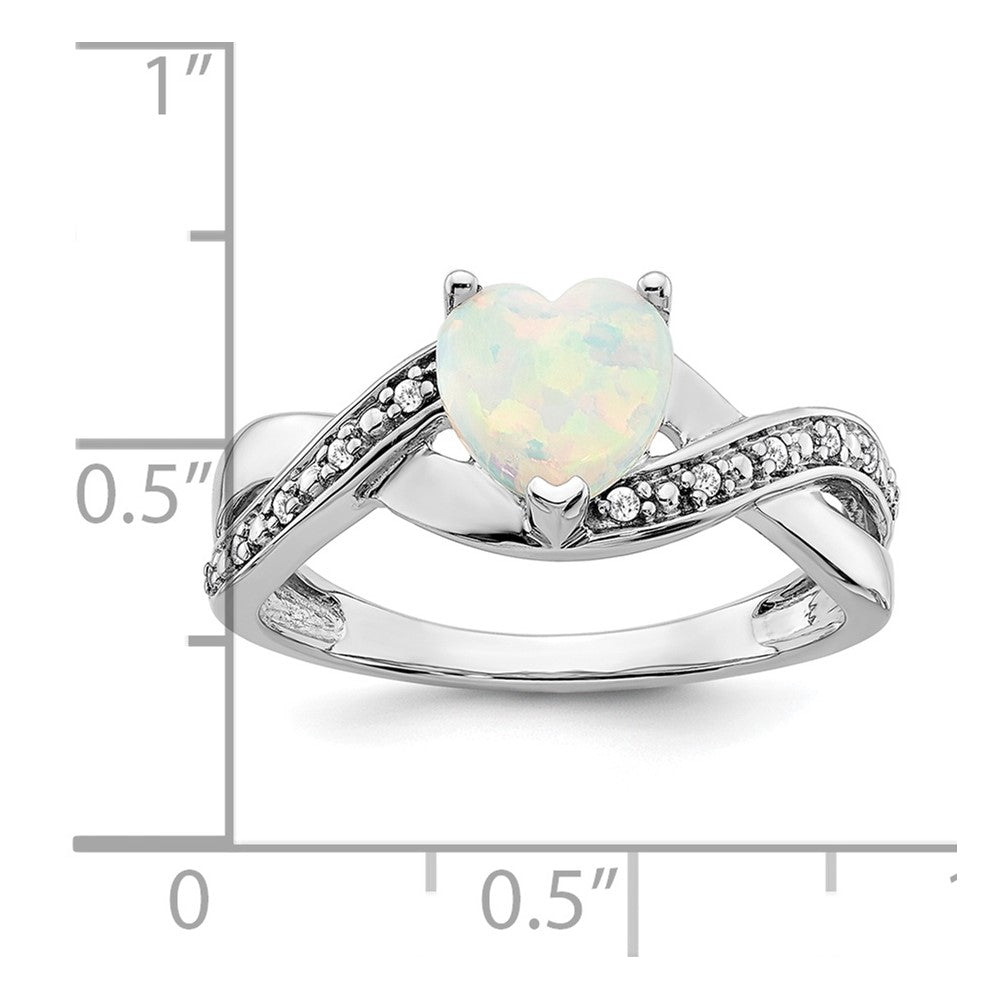 Solid 14k White Gold Created Simulated Opal and CZ Heart Ring