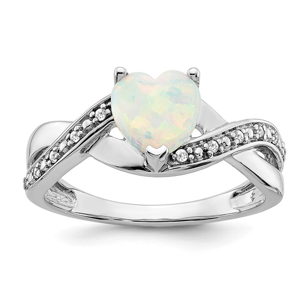 Solid 14k White Gold Created Simulated Opal and CZ Heart Ring