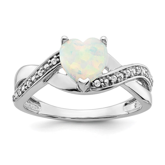 14k White Gold Created Opal and Real Diamond Heart Ring