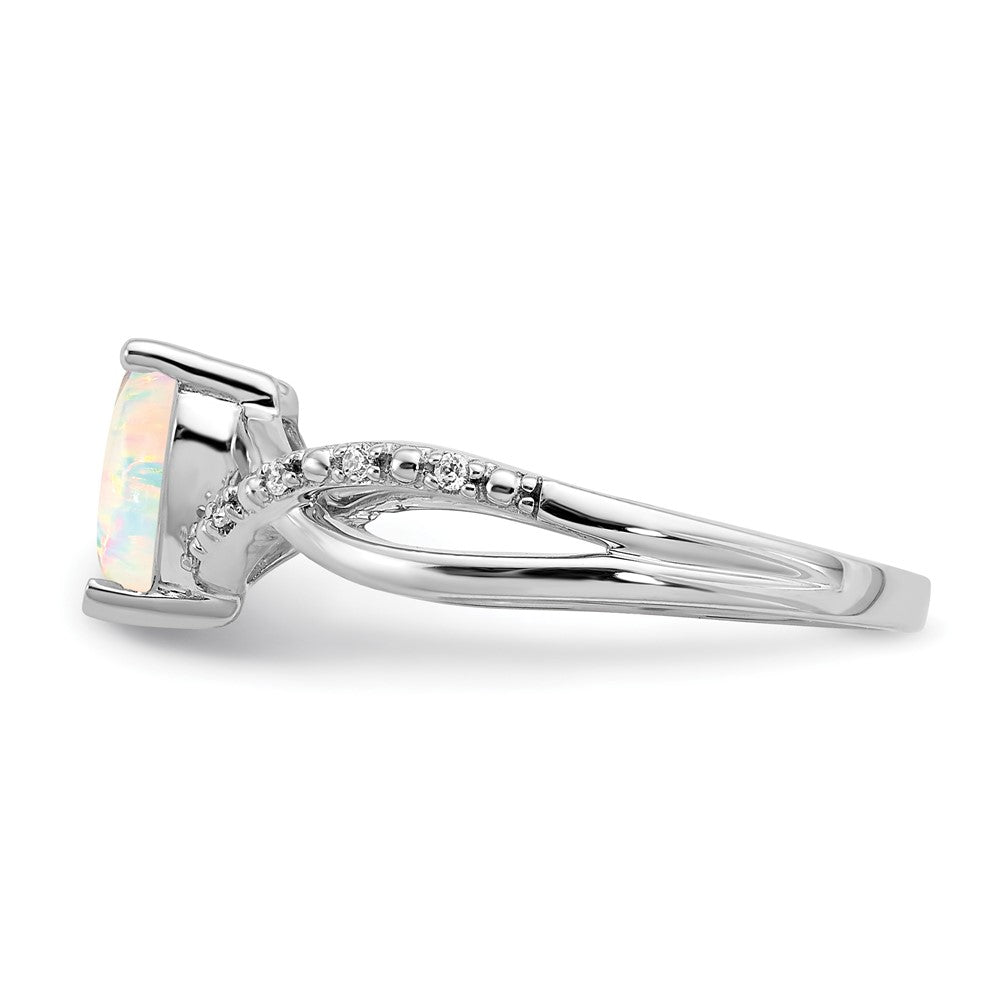 Solid 14k White Gold Created Simulated Opal and CZ Heart Ring