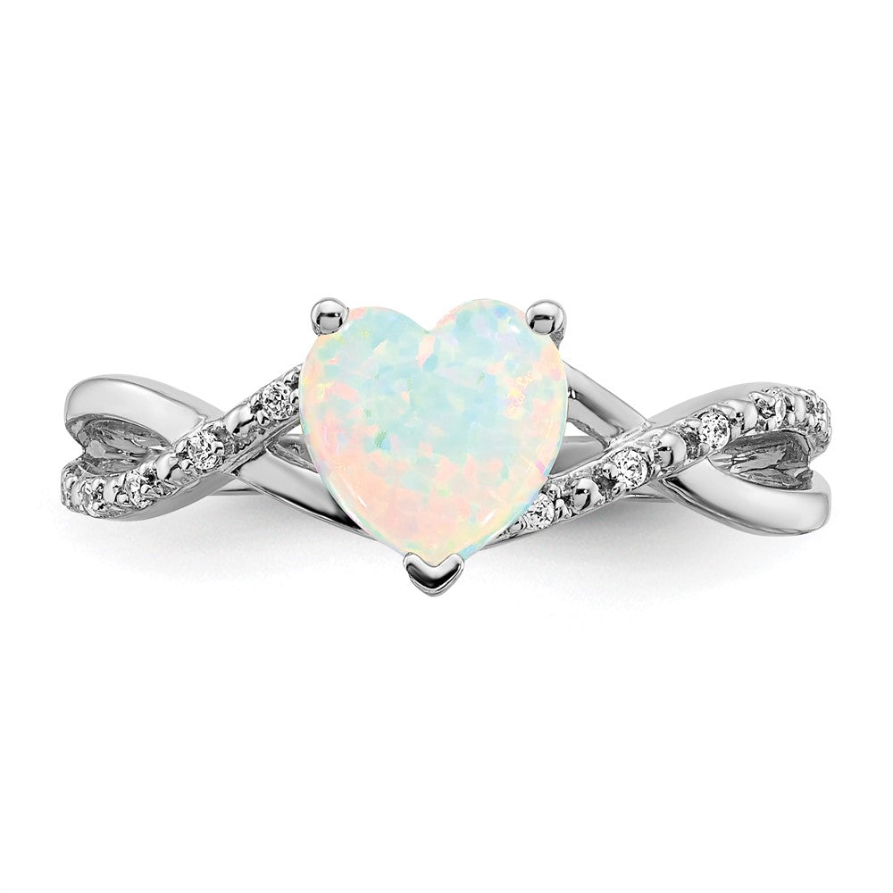 14k White Gold Created Opal and Real Diamond Heart Ring