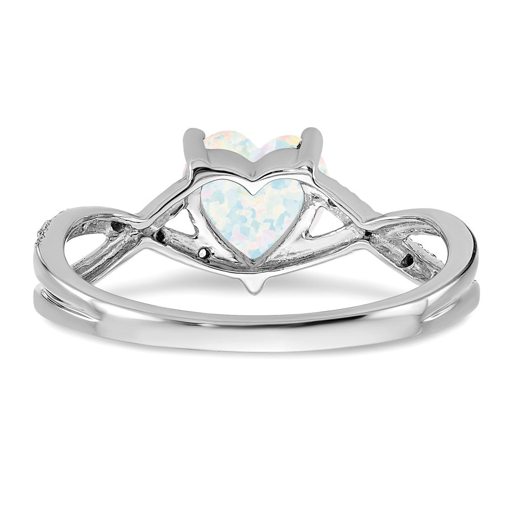 14k White Gold Created Opal and Real Diamond Heart Ring