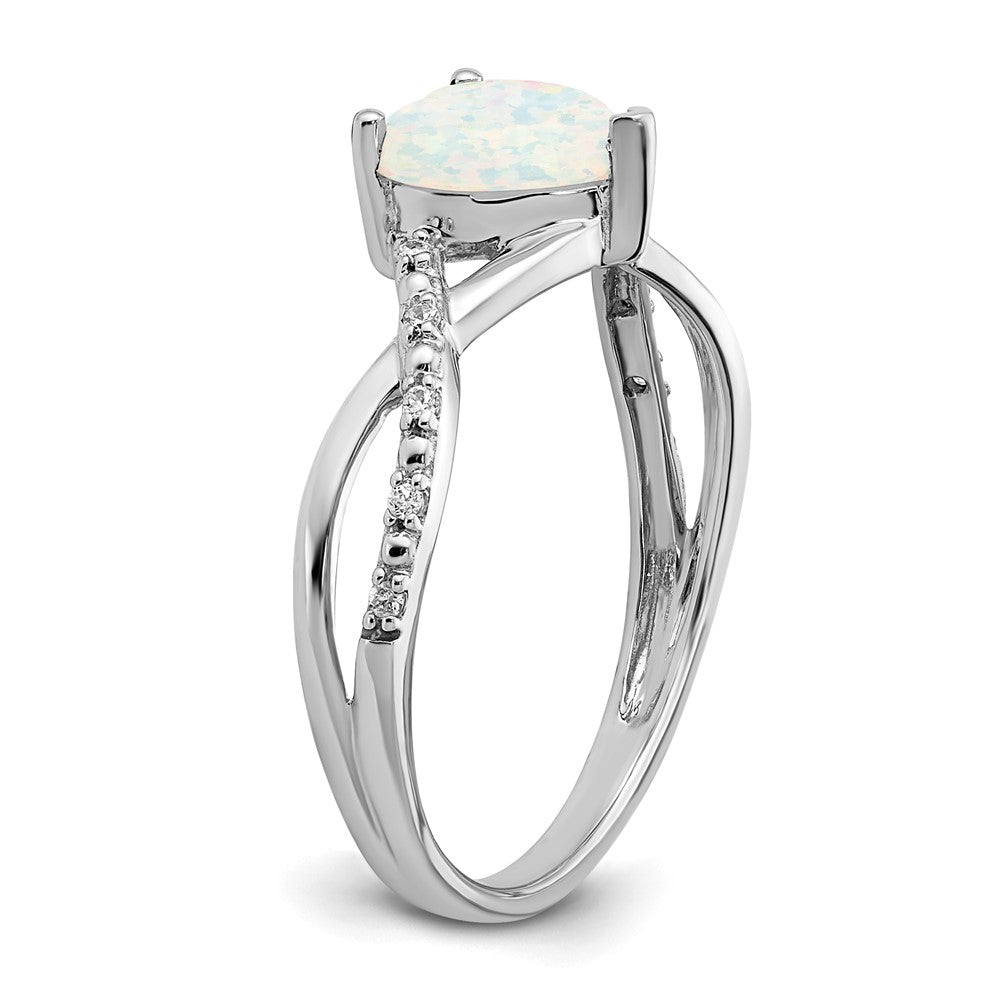 14k White Gold Created Opal and Real Diamond Heart Ring