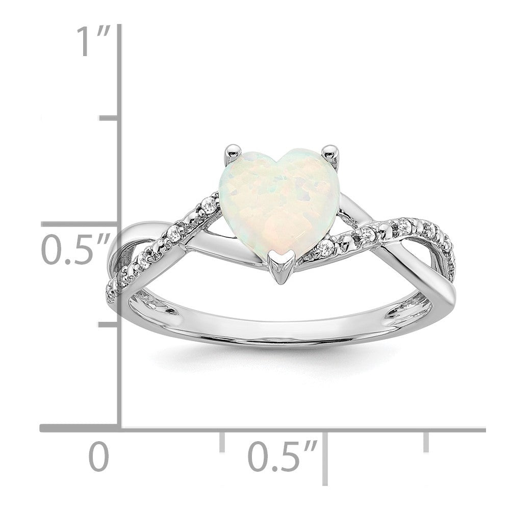 Solid 14k White Gold Created Simulated Opal and CZ Heart Ring