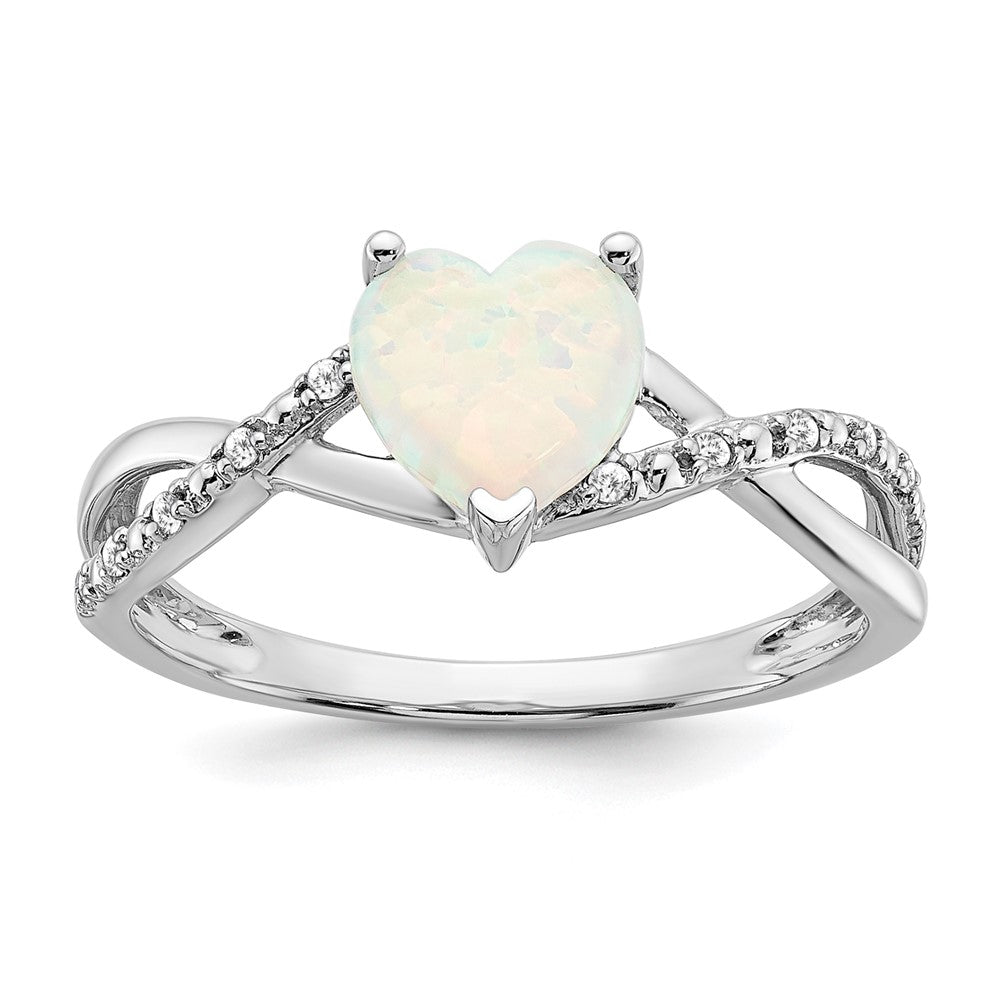 Solid 14k White Gold Created Simulated Opal and CZ Heart Ring