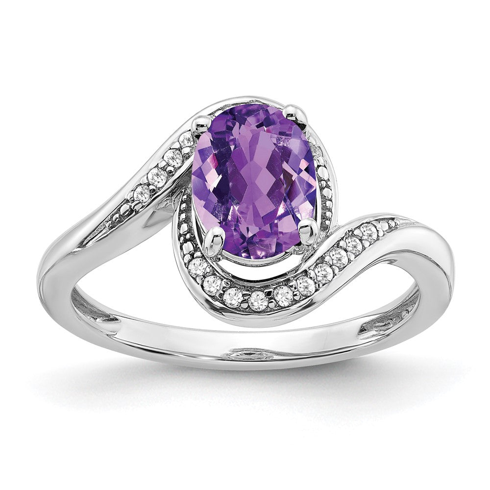 14k White Gold Oval Amethyst and Real Diamond Bypass Ring