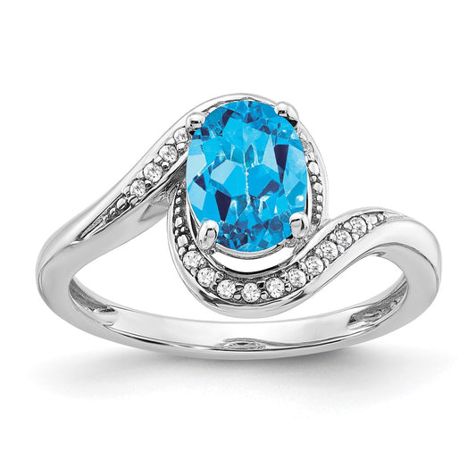 14k White Gold Oval Blue Topaz and Real Diamond Bypass Ring