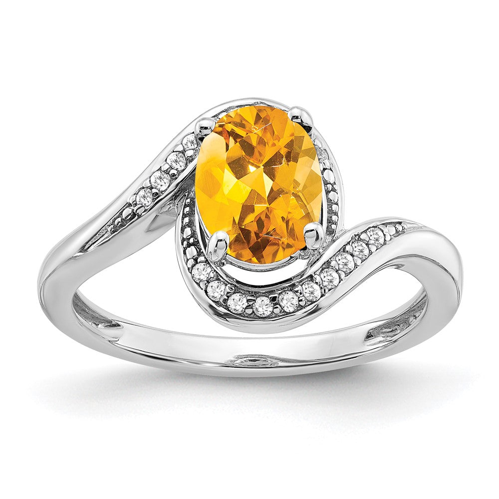 14k White Gold Oval Citrine and Real Diamond Bypass Ring