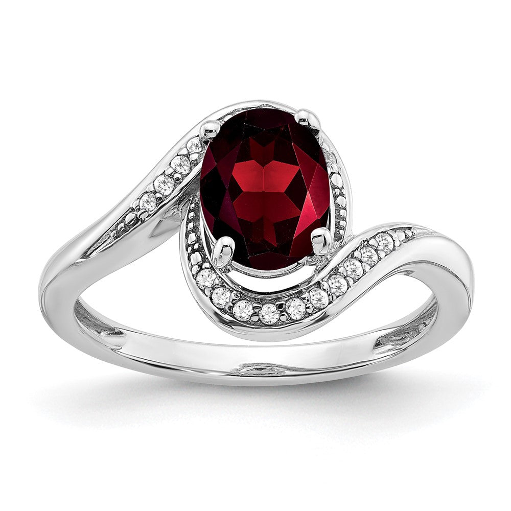 14k White Gold Oval Garnet and Real Diamond Bypass Ring