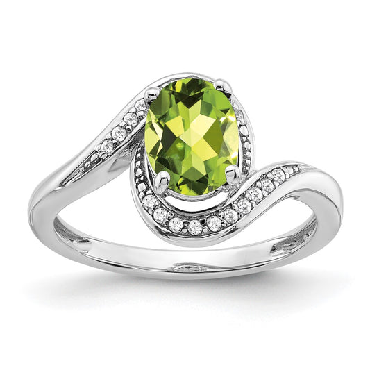 14k White Gold Oval Peridot and Real Diamond Bypass Ring