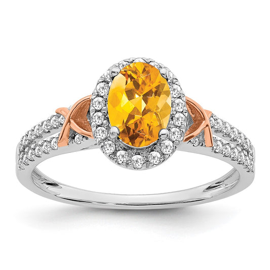 14k White Gold w/RG Accent Citrine and Real Diamond Halo Ring