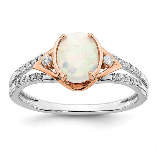 Solid 14k Two-tone Created Simulated Opal and CZ Ring