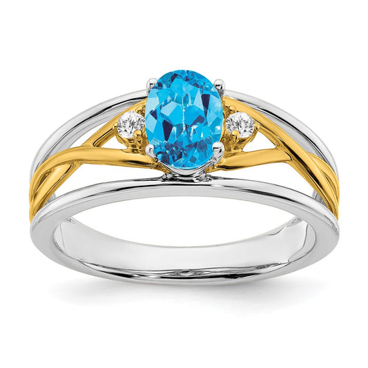 14k Two-Tone Gold Blue Topaz and Real Diamond Ring