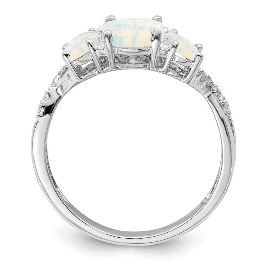 14k White Gold Created Opal and Real Diamond 3-stone Ring