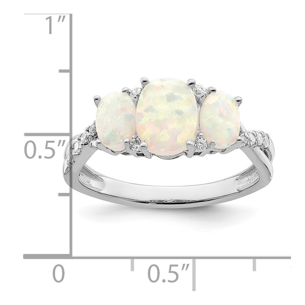 14k White Gold Created Opal and Real Diamond 3-stone Ring