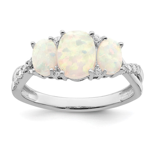 Solid 14k White Gold Created Simulated Opal and CZ 3-stone Ring