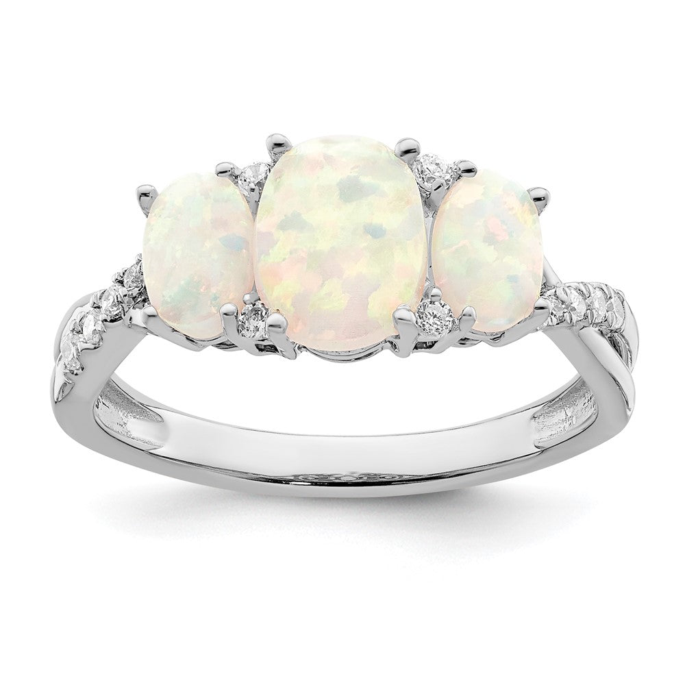 14k White Gold Created Opal and Real Diamond 3-stone Ring