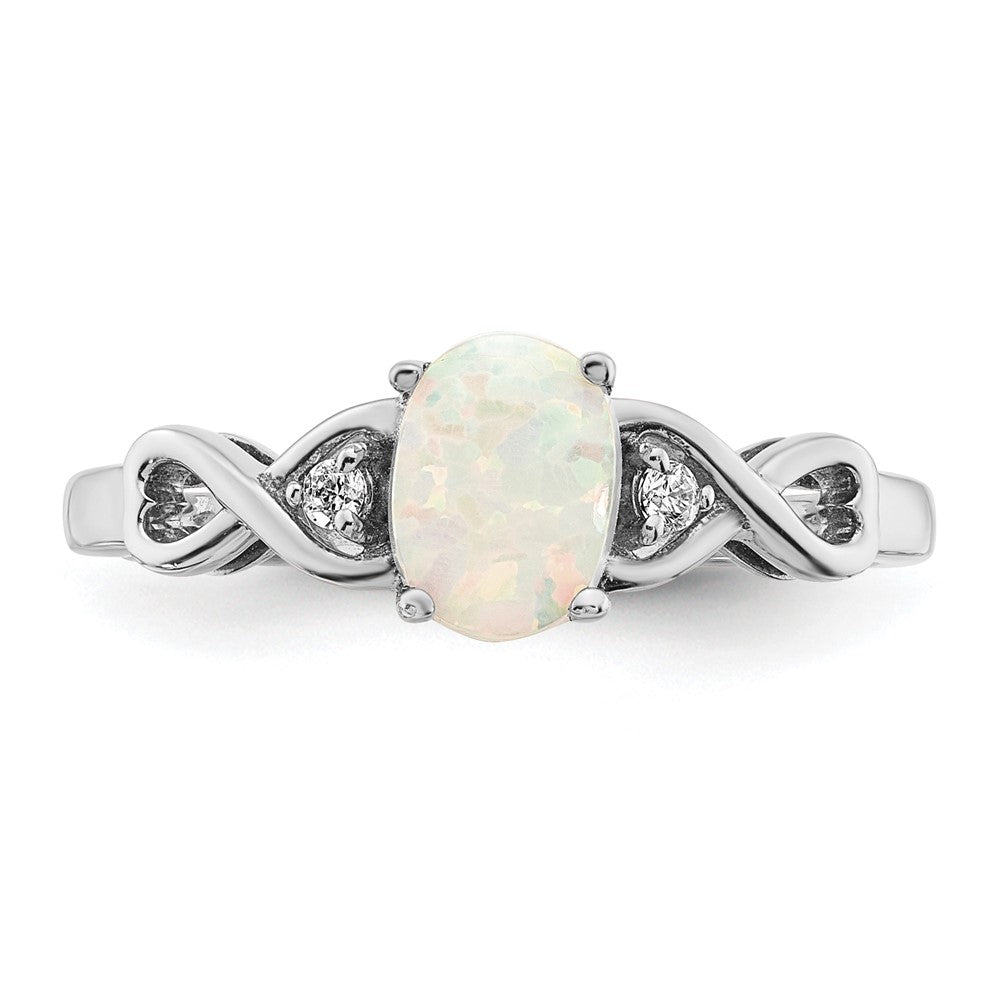 Solid 14k White Gold Created Simulated Opal and CZ Ring