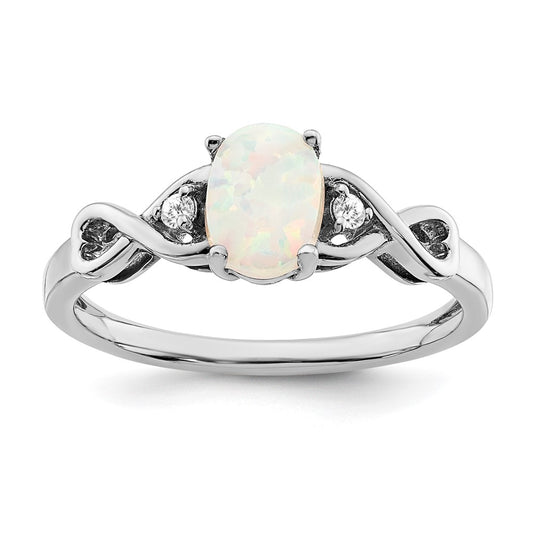 Solid 14k White Gold Created Simulated Opal and CZ Ring