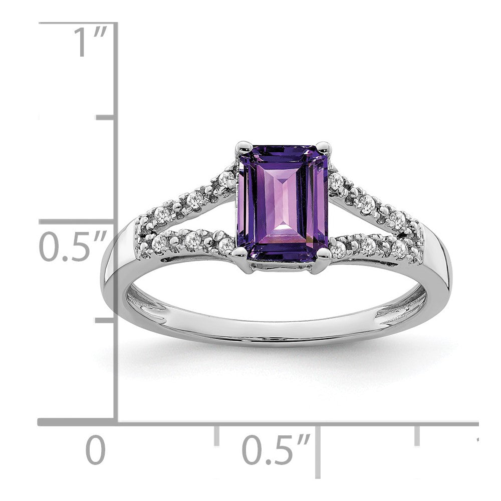 Solid 14k White Gold Simulated Emerald Simulated-cut Amethyst and CZ Ring