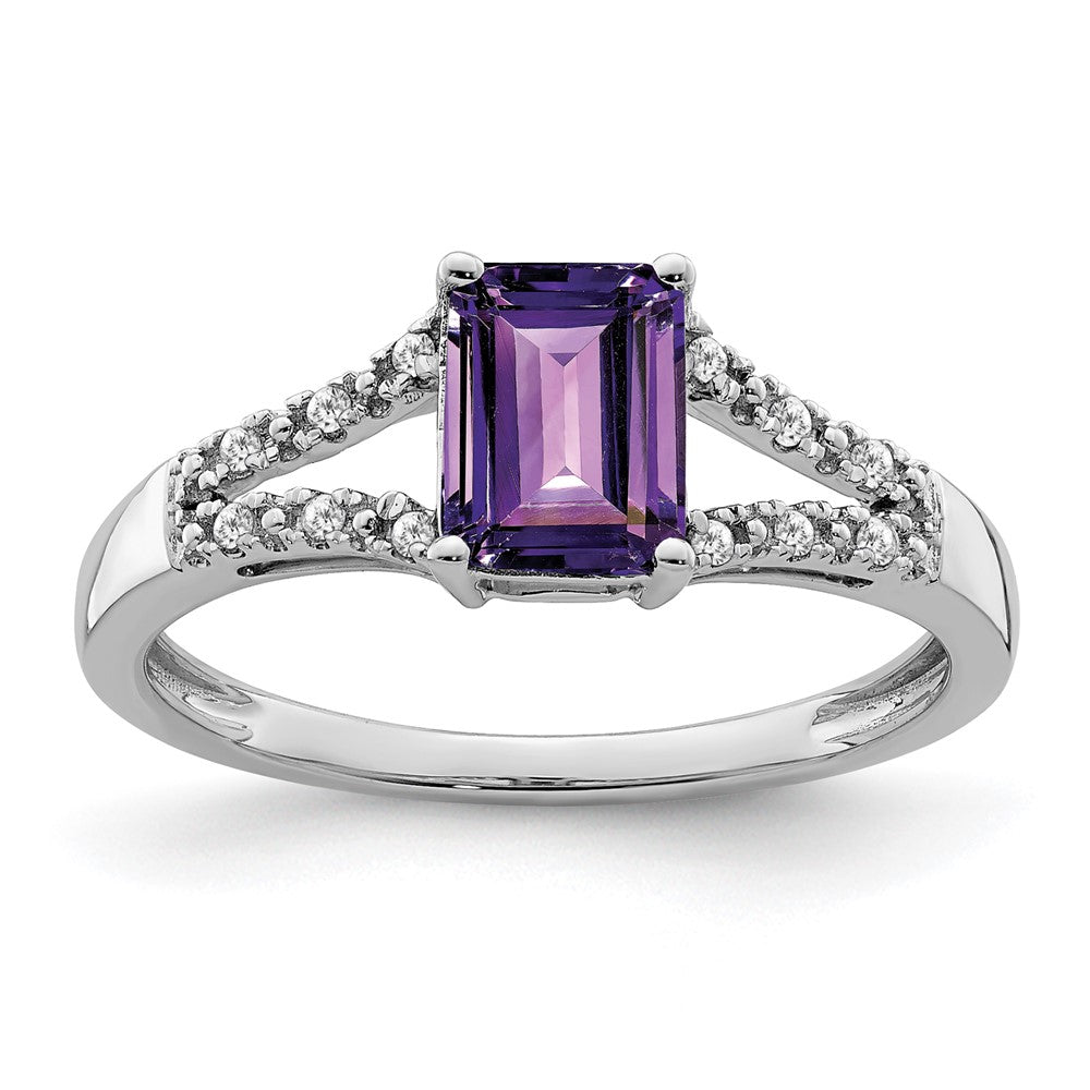 Solid 14k White Gold Simulated Emerald Simulated-cut Amethyst and CZ Ring