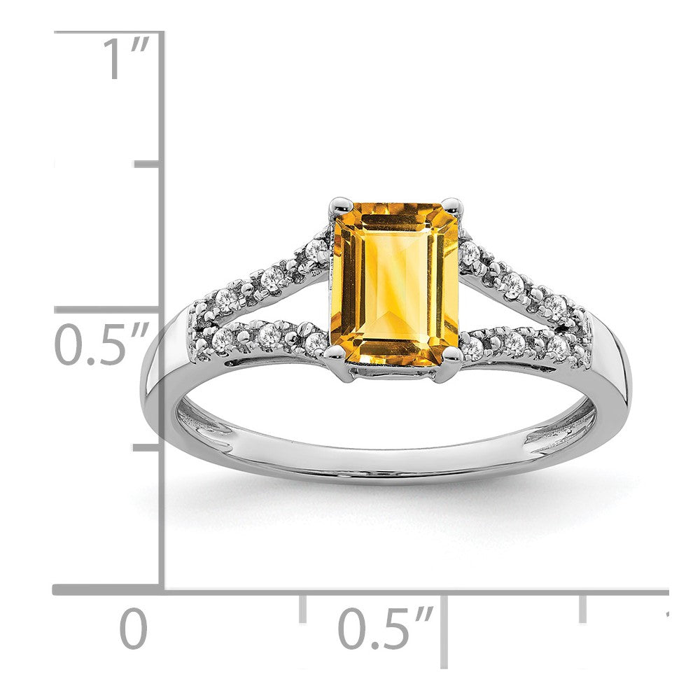 14k White Gold Emerald-cut Citrine and Real Diamond Ring