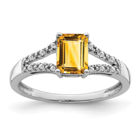 14k White Gold Emerald-cut Citrine and Real Diamond Ring