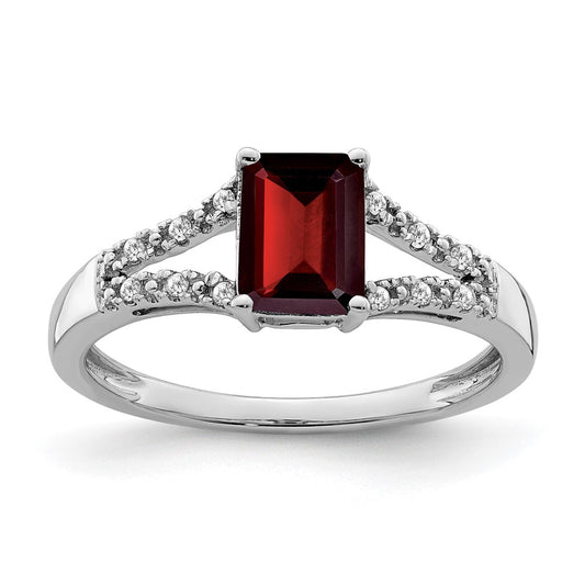 14k White Gold Emerald-cut Garnet and Real Diamond Ring