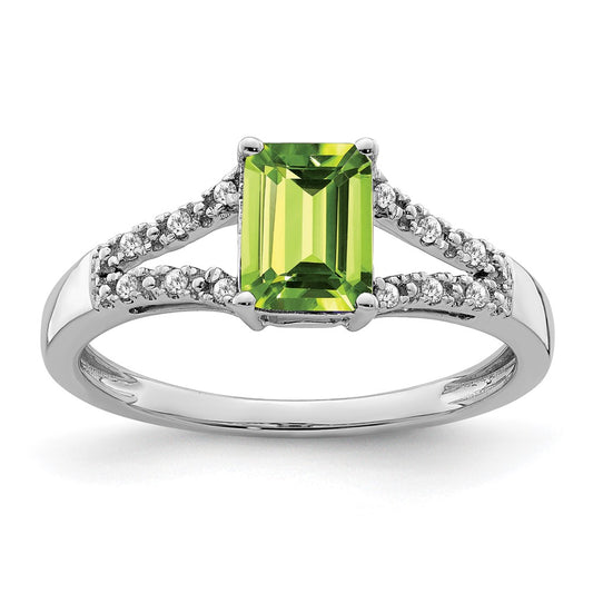 14k White Gold Emerald-cut Peridot and Real Diamond Ring