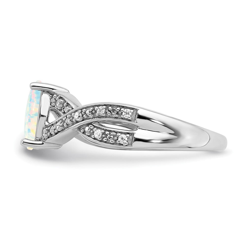 14k White Gold Created Opal and Real Diamond Ring