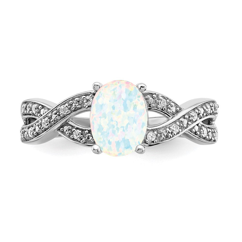 14k White Gold Created Opal and Real Diamond Ring