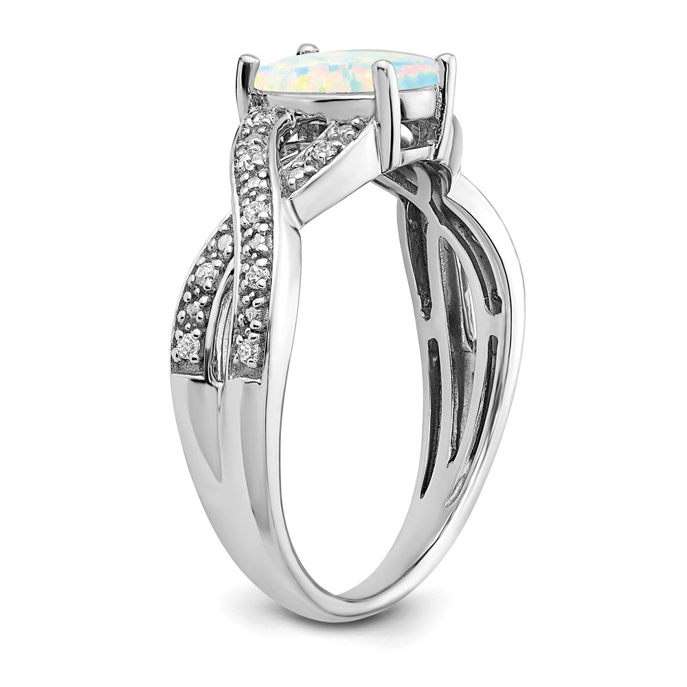 14k White Gold Created Opal and Real Diamond Ring