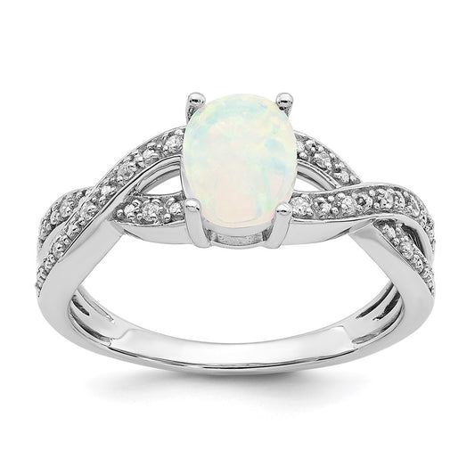 Solid 14k White Gold Created Simulated Opal and CZ Ring