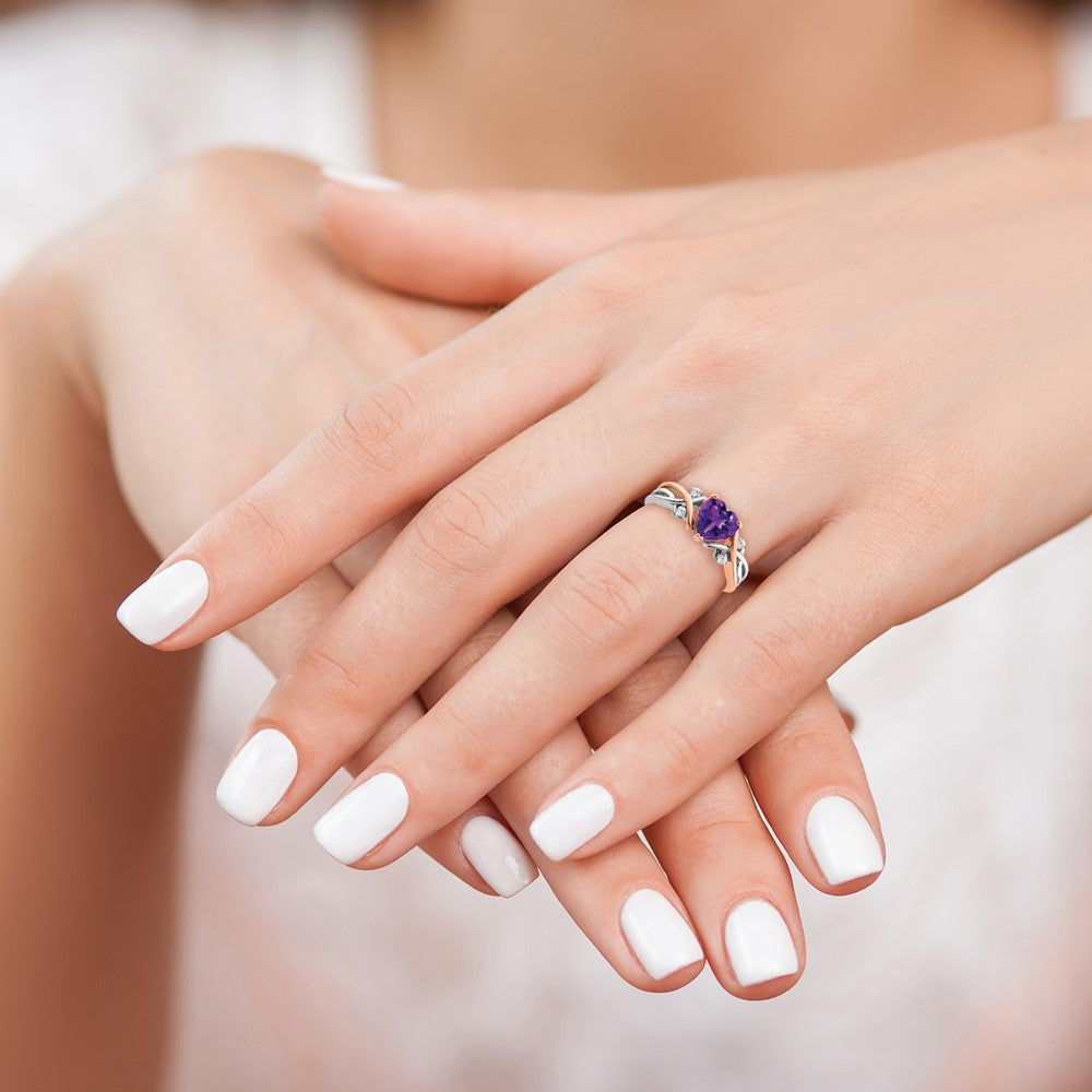 14k Two-Tone Gold Heart Amethyst and Real Diamond Ring