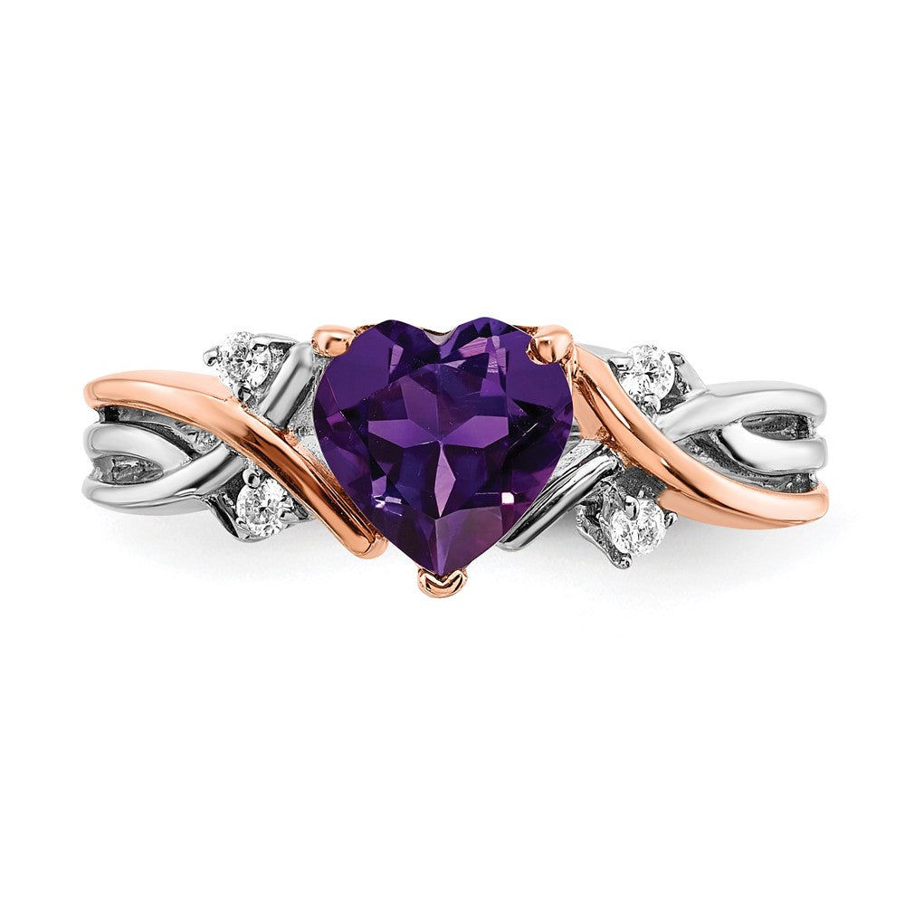 14k Two-Tone Gold Heart Amethyst and Real Diamond Ring