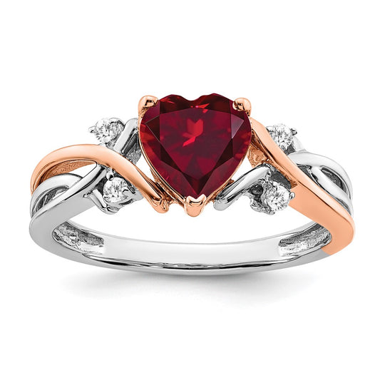 Solid 14k Two-tone Heart Created Simulated Ruby and CZ Ring