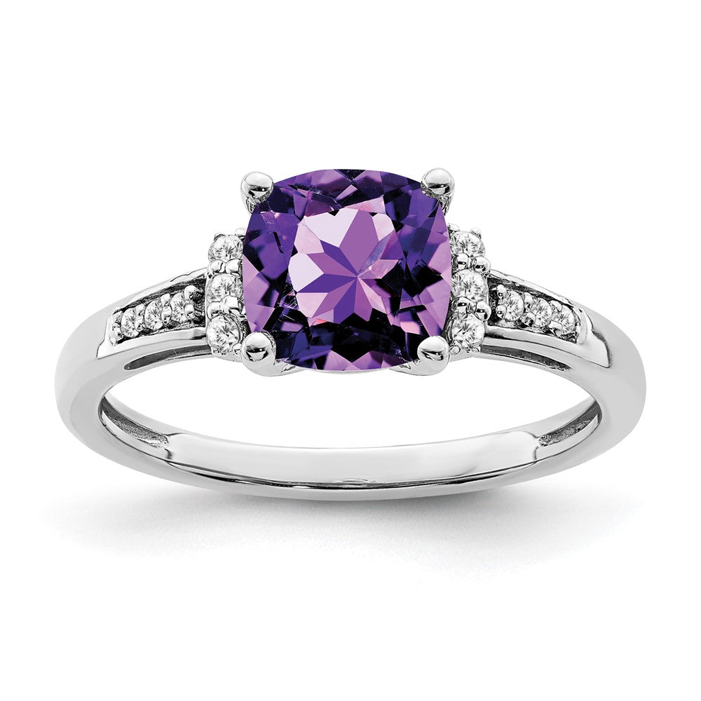 Solid 14k White Gold Cushion Simulated Amethyst and CZ Ring