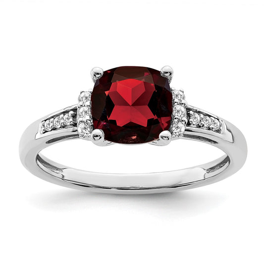 14k White Gold Cushion Garnet and Real Diamond Ring