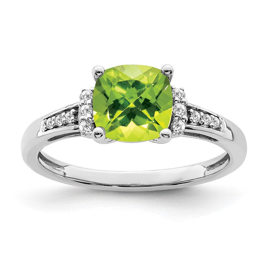 Solid 14k White Gold Cushion Simulated Peridot and CZ Ring