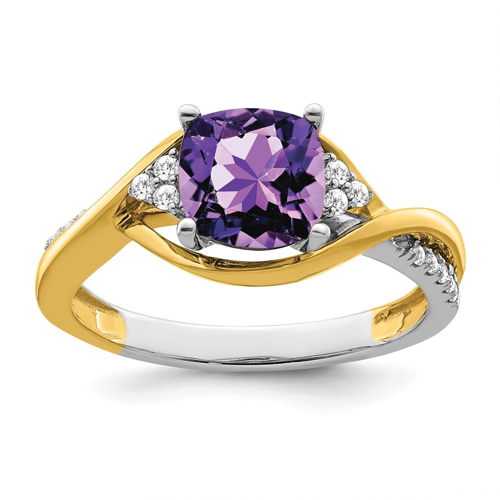 14k Two-Tone Gold Cushion Amethyst and Real Diamond Ring