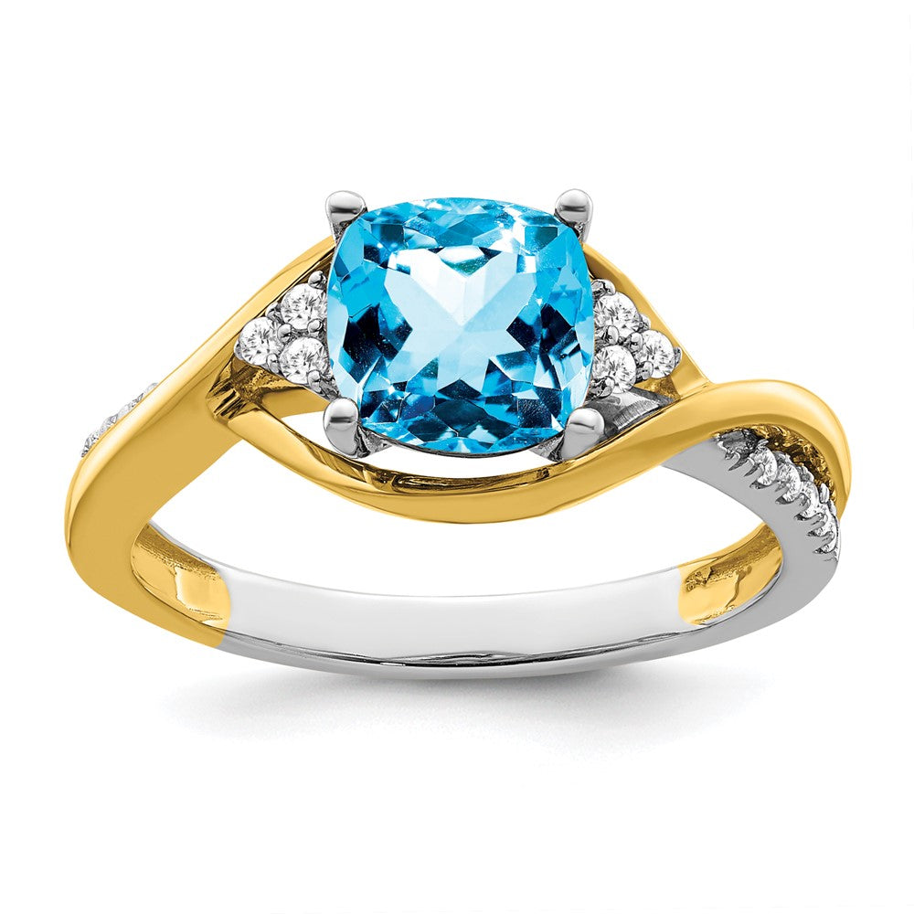 14k Two-Tone Gold Cushion Blue Topaz and Real Diamond Ring