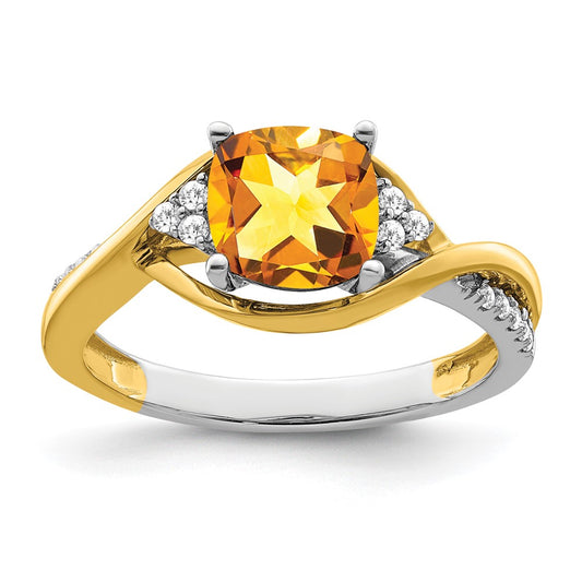 Solid 14k Two-tone Cushion Simulated Citrine and CZ Ring